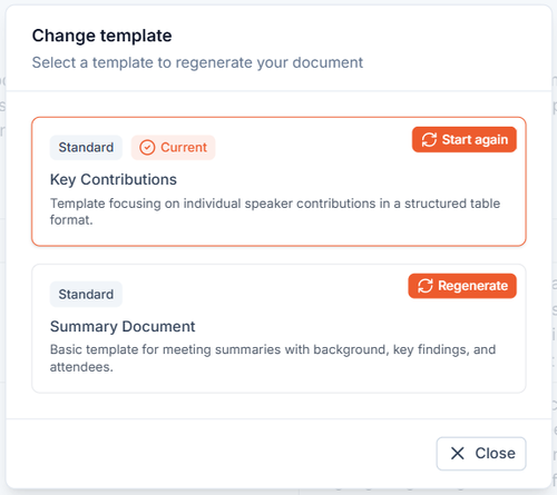 Example of change template dialog showing available templates