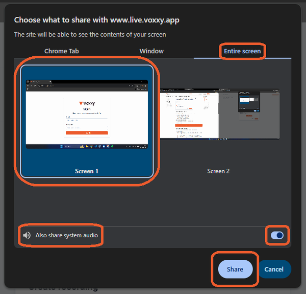 Example of share settings for online or hybrid meeting