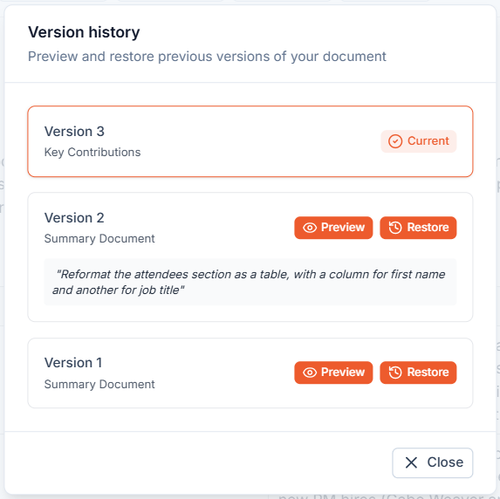 Example of version history dialog